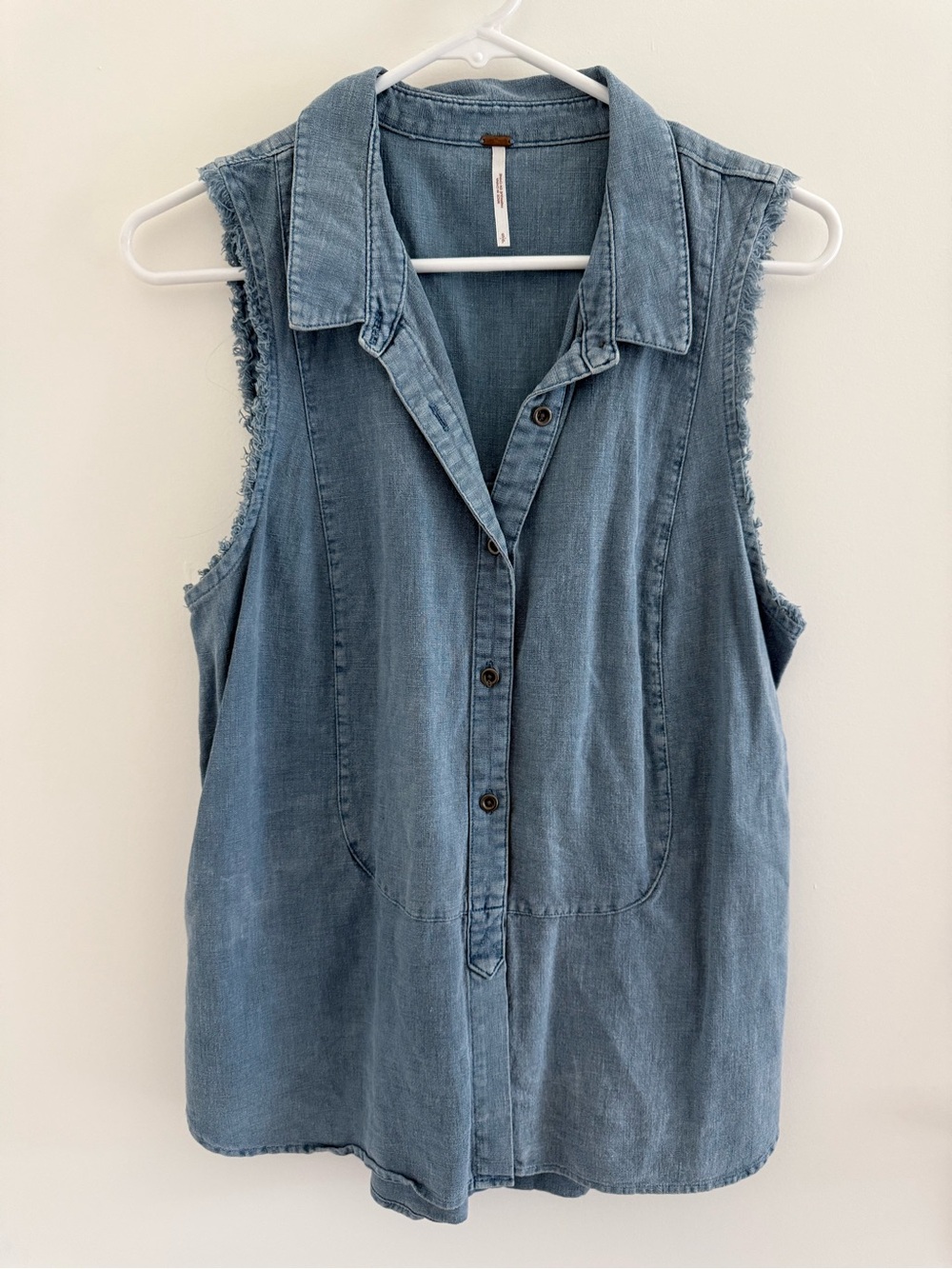 Free People Washed Blue Sleeveless Denim Button-Down Shirt